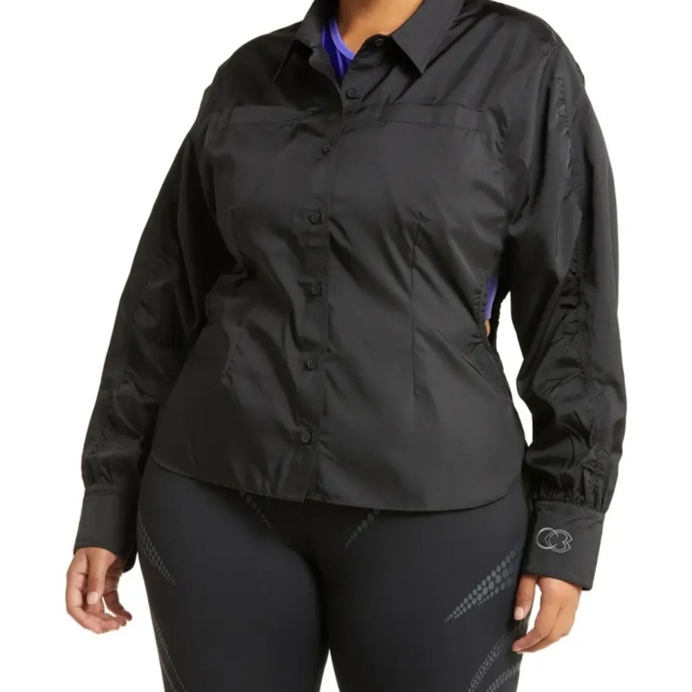Black Collared Button-Down Top with Long Sleeves